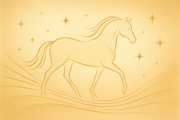 Stylized golden horse walking among stars on gold backdrop symbolizes fantasy, elegance and celebration for 2026 zodiac year.