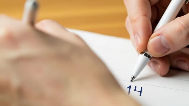 Hand writing mathematical equation on notebook with pen on wooden surface