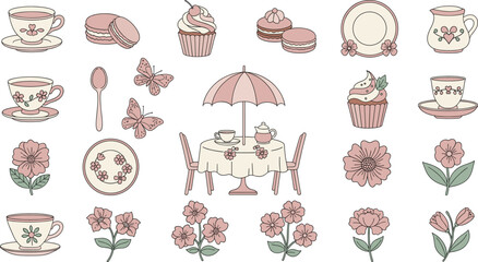 Hand-Drawn Tea Party Icons: Cute Vintage Teacup & Dessert Doodle Vector Collection