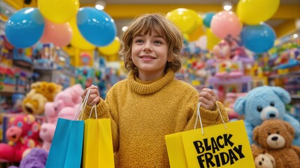 Child shopper holding black friday bags in toystore