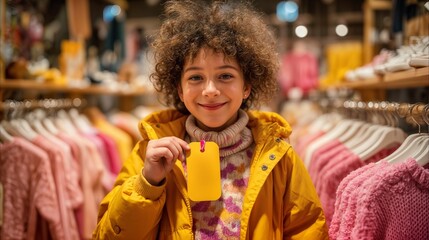 Fototapeta premium Smiling child holding price tag during black friday shopping