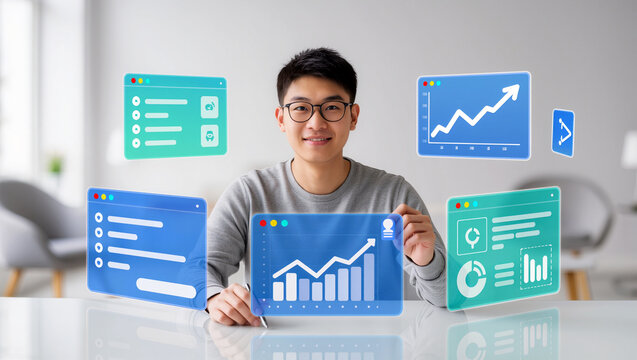Young man using futuristic data tools in a modern workspace