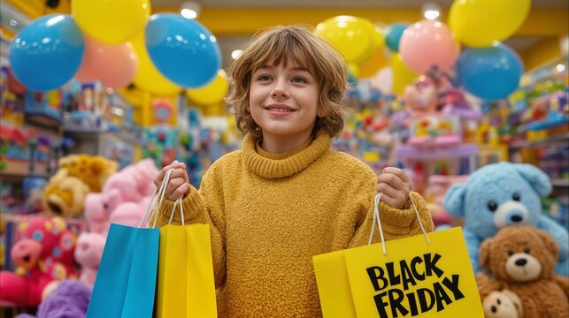 Child shopper holding black friday bags in toystore