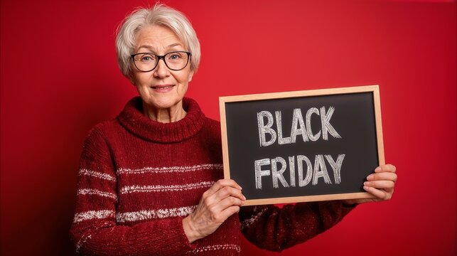 Senior woman holding black friday chalkboard sign