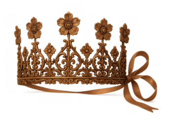 Golden crown with intricate floral filigree design and ribbon bow, symbolizing royalty, success, and celebration on a transparent background