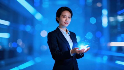 Professional woman holding glowing orb in a futuristic blue environment.