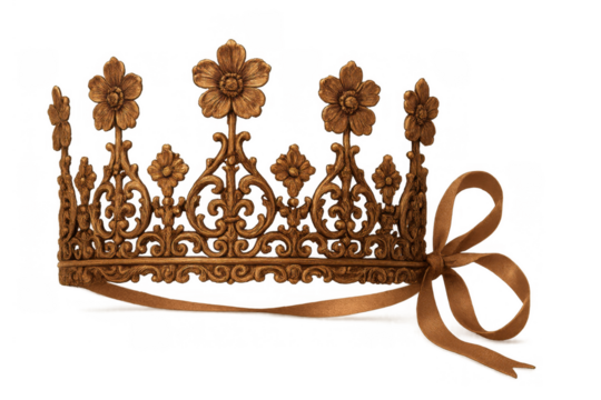 Golden crown with intricate floral filigree design and ribbon bow, symbolizing royalty, success, and celebration on a transparent background