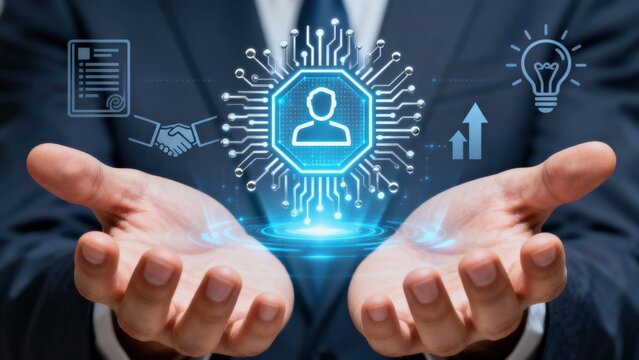 Hands holding digital icons representing technology and connectivity in a business context.