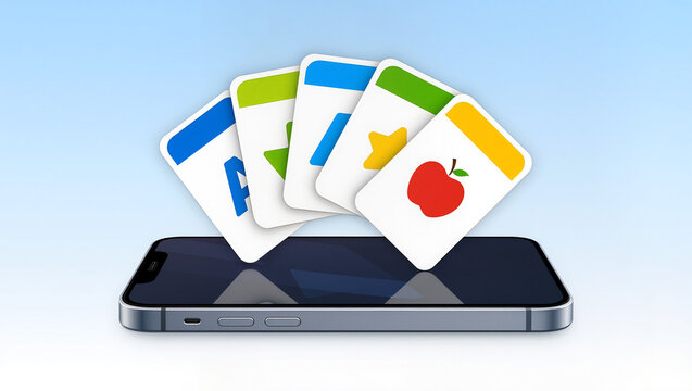 Digital cards hover above a smartphone in bright, modern setting