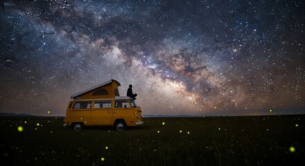 Yellow camper van in a meadow under the Milky Way with a person sitting on the roof surrounded by fireflies