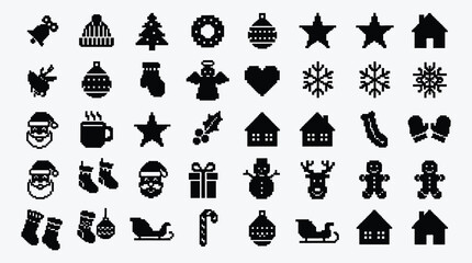 Pixelated Christmas Icons Set Holiday Vector Illustration Black And White Design