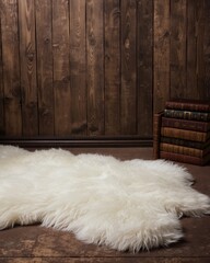 Cozy rustic interior with a white sheepskin rug and stack of old books