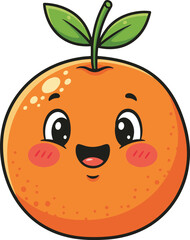 A happy, cartoon orange fruit with a smiling face, rosy cheeks, and green leaves on the stem.