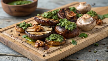 Grilled assorted mushrooms with pesto sauce on wooden board, Italian-style vegan dish, simple yet elegant, focusing on natural ingredients