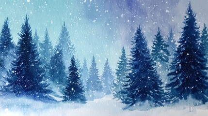 Naklejka premium Winter wonderland scene with watercolour forest trees and falling snowflakes capturing the essence of a peaceful Christmas atmosphere