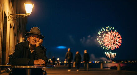 Elderly man sitting alone at a street cafe at night with fireworks in the distance