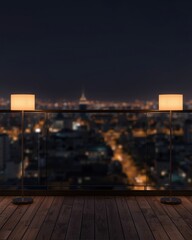 Obraz premium Elegant balcony with cityscape night view and modern floor lamps creating ambient lighting