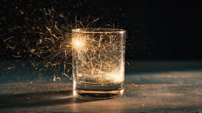 Sparks flying from a glass in a dimly lit room during an evening gathering, creating an exciting visual effect that captures attention and sparks curiosity about the moment