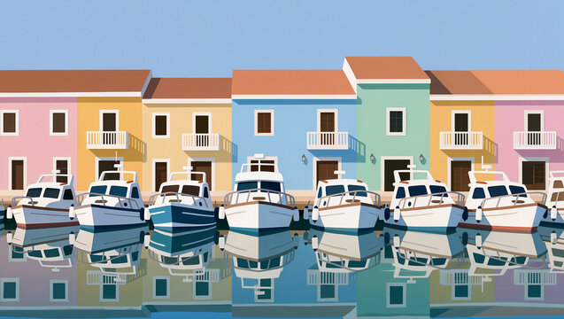 Colorful boats lined up at a serene harbor with vibrant buildings