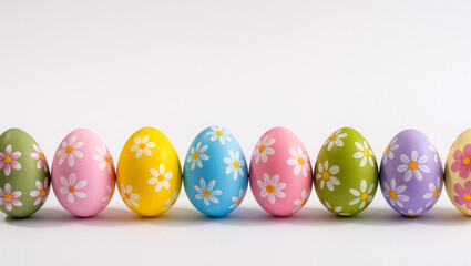 Colorful decorated eggs arranged in a row for spring celebration