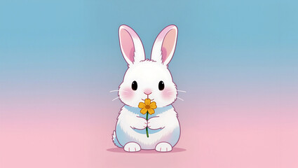 Fototapeta premium Cute bunny holding a flower in a soft pastel landscape