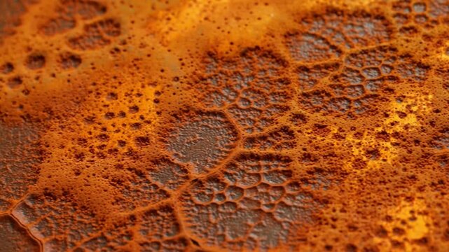 An abstract macro shot of a textured rusted metal surface with vibrant colors and complex patterns concept of oxidation and the passage of time