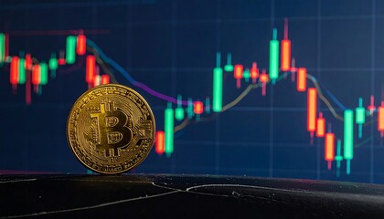 Golden coin in front of crypto graph showing rise and fall