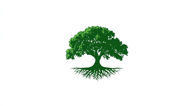 Green tree with roots vector logo on white background, simple eco-friendly emblem for branding
