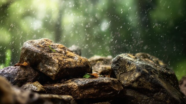 Rocks soaked by rain surrounded by a vibrant forest with soft bokeh effects featuring green hues and blurred backgrounds