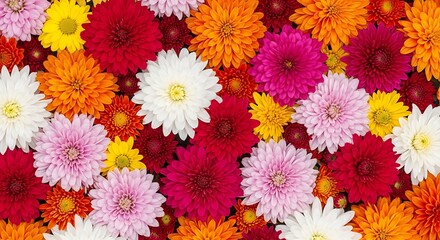 A vibrant tapestry of colorful chrysanthemum flowers creates a stunning floral background, bursting with autumnal beauty and charm