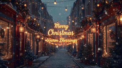 Obraz premium Christmas background image 2026 with snow-covered street, cascading starburst lights, golden glow, European buildings, enchanting festive holiday greeting.