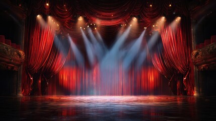 Bright stage lights illuminate red curtains in a theater, creating a vibrant atmosphere for an upcoming performance in an empty auditorium