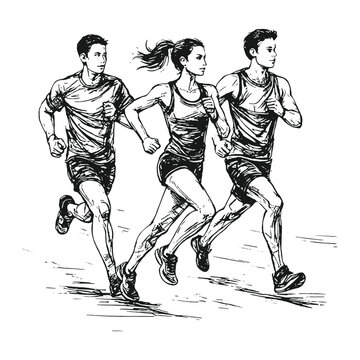 Running athletes group dynamic vintage sketch vector for sports posters, fitness themes, and athletic illustration projects