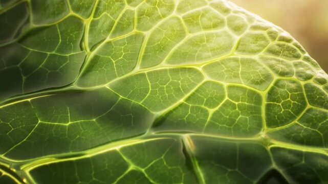 A macro shot of a sun backlit green leaf revealing a complex network of veins concept of plant biology and nutrient transport