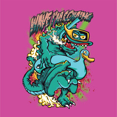 An energetic cartoon crocodile monster wearing swim goggles and riding a blue duck pool float.
