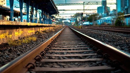 Vibrant train tracks lead to a bustling station platform as commuters await their journeys during sunset hours