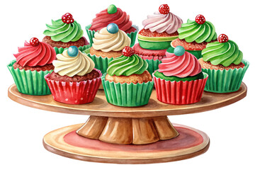 Holiday cupcakes with red and green frosting arranged on cake stand next to a fully decorated Christmas tree