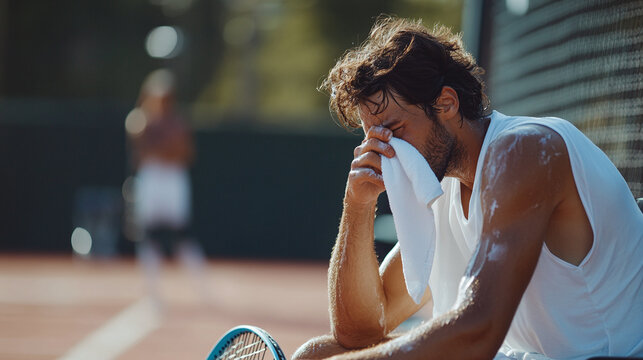 A tennis player wiping sweat from their face with a towel during a break, sitting on the sideline, with their racket leaning against the chair and a bottle of water nearby