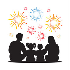Family Watching Fireworks Holiday Silhouette Vector Illustration