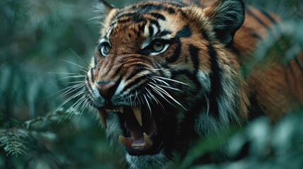 Obraz premium Roaring tiger showing fierce expression in dense jungle habitat during daylight