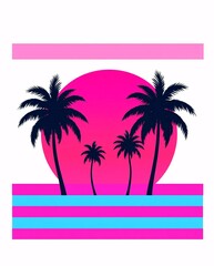 Fototapeta premium Tropical Sunset: A vibrant sunset over the tropical islands, where towering palm trees silhouette against a backdrop of a warm setting sun.