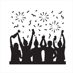 New Year Celebration Silhouette Crowd with Fireworks and Confetti Vector Illustration