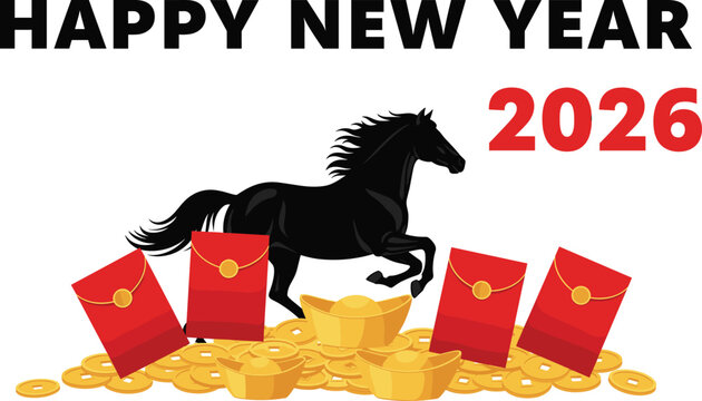 Chinese New Year 2026 icon vector—galloping horse, red envelopes, gold coins, and ingots for Year of the Horse celebration