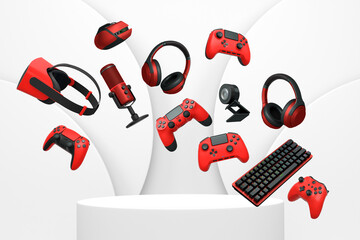 Multiple gaming devices and accessories floating above podium against abstract background, concept of modern gaming tech