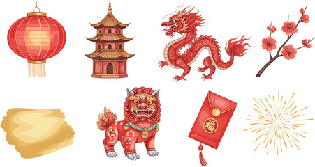 Chinese New Year icon vector—lantern, pagoda, dragon, cherry blossoms, guardian lion, red envelope, brushstroke, and fireworks symbols