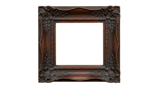 Heavy dark brown frame with elaborate ornamental detailing and a traditional carved look, featuring an engraved, bold, and antique aesthetic.