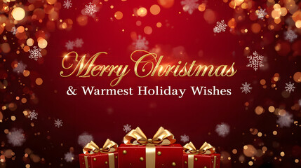  Christmas background image 2026 with deep red bokeh, golden light flares, central stacked red gifts, falling snowflakes, and elegant holiday greeting text.