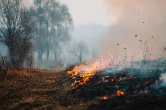 Subdued wildfire leaves a trail of smoke and charred earth in a landscape of sparse trees and dry grass during early morning hours