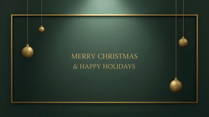  Christmas background image 2026 with deep green background, thin gold frame, hanging matte gold baubles, subtle spotlighting, and elegant holiday greeting text.
