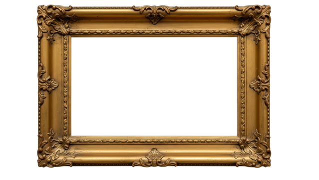 Gold ornate frame with detailed corner carvings and an elegant antique finish, featuring refined, classical, and vintage styling.
